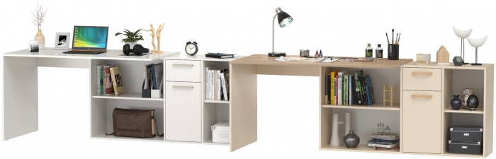 Два Стола письменных Лайт 03.245F, цвет белый шагрень/сатин/дуб эндгрейн элегантный, ШхГхВ 342,7х136х75,2 см.(угл.) или 407х68х75,2 см.(пр.), ун. сб.