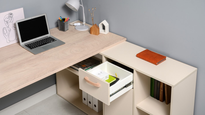 Два Стола письменных Лайт 03.245F, цвет белый шагрень/сатин/дуб эндгрейн элегантный, ШхГхВ 342,7х136х75,2 см.(угл.) или 407х68х75,2 см.(пр.), ун. сб.