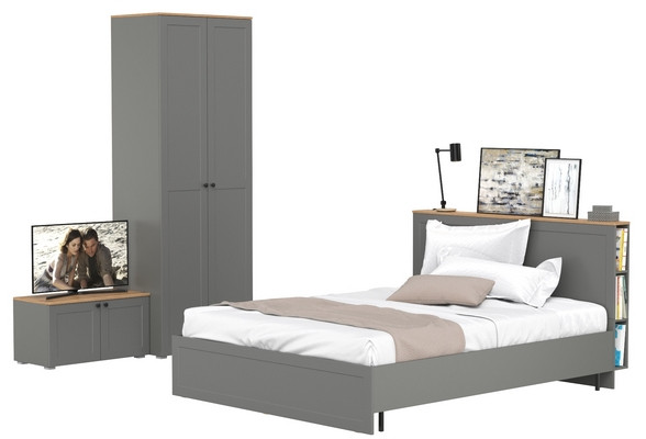 Остин 11.53 Кровать + ортопед + 13.224 Шкаф + 13.257 Тумба, серый графит/дуб крафт золотой
