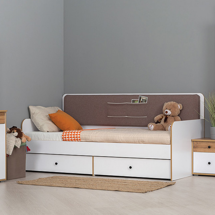 Вуди 11.02 Кровать цвет белый премиум/дуб крафт золотой/саванна латте, ШхГхВ 209,2х94,4х96,5 см, 900х2000 мм, б/м, осн. есть, матрас высотой до 200 мм