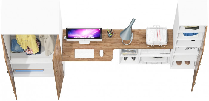 Лидер-8 Шкаф МД 19Б + Стол + Пенал 22Б, белый шагрень/крафт золото