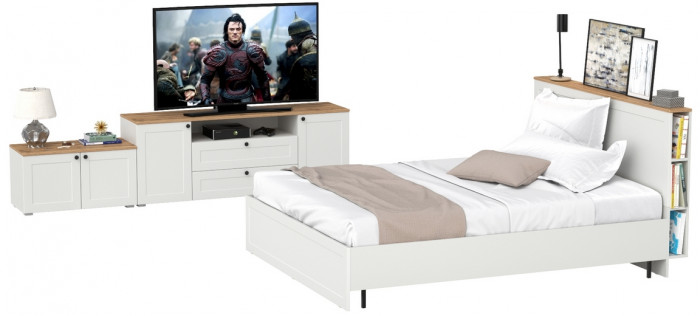 Остин 11.53 Кровать + ортопед + 16.47 Тумба под ТВ + 13.257 Тумба, белый шагрень/дуб крафт золотой
