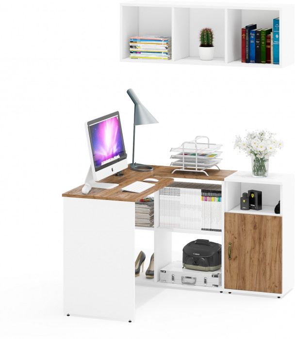 Лидер-8 Стол + Полка + Тумба МД 3.19, цвет белый шагрень/крафт золото, ШхГхВ 205х50/30х75 см. или 115х50/120х75 см., НЕ универсальная сборка