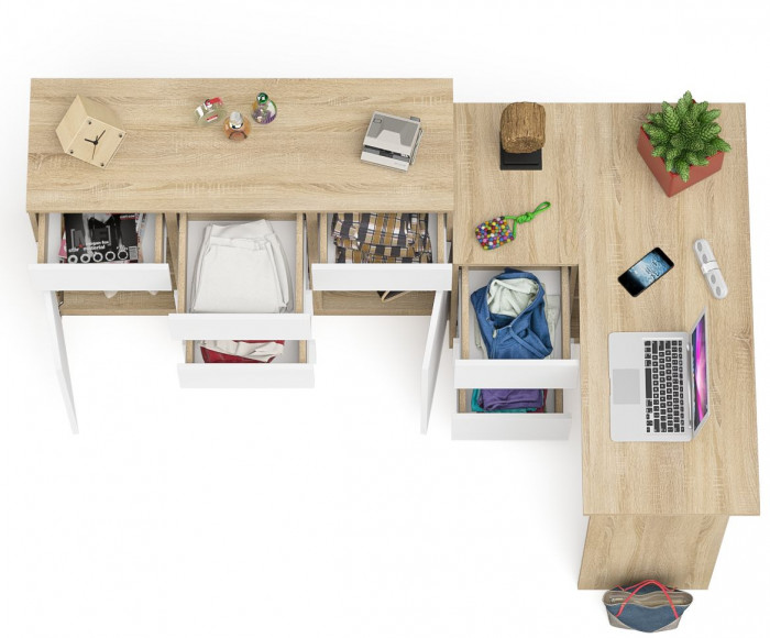 Мори Стол компьютерный МС-16 левый + Комод МК1200.4, цвет дуб сонома/белый, ШхГхВ 244,8х84,9х94 см., выдвижные ящики слев, НЕ универсальная сборкаа
