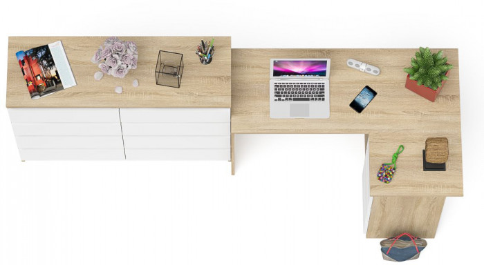 Мори Стол компьютерный МС-16 правый + Комод МК1200.8, цвет дуб сонома/белый, ШхГхВ 244,8х84,9х94 см., выдвижные ящики справа, НЕ универсальная сборка