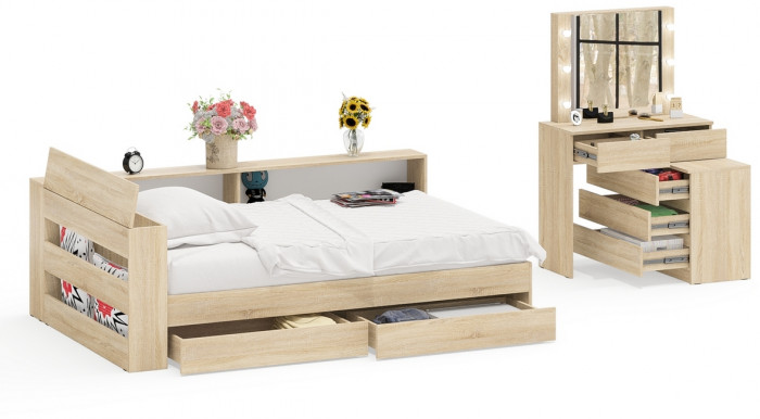 Ксения Кровать с ящиками 1200 + прикроватный блок + Столик с подсветкой 110, дуб сонома