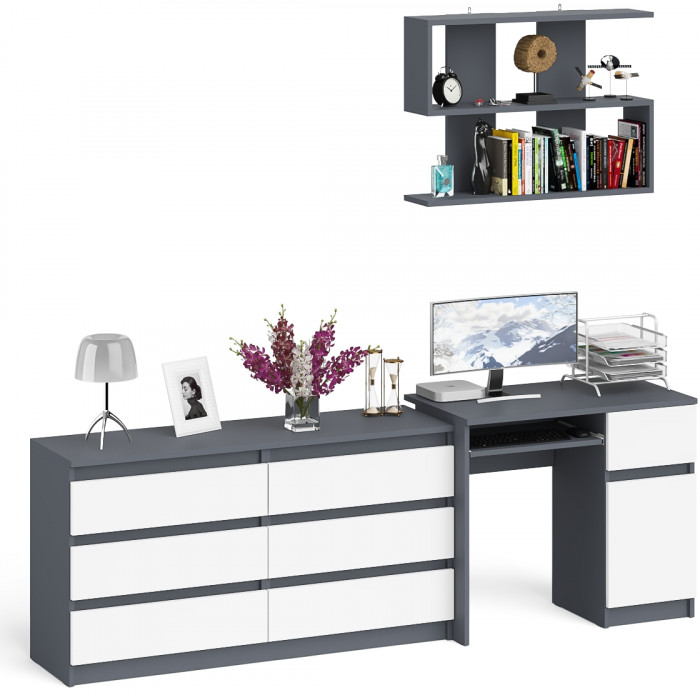 Мори Стол компьютерный МС-1 правый + Комод МК1380.6 + Полка 900, цвет графит/белый, ШхГхВ 228х50х209,6 см., НЕ универсальная сборка