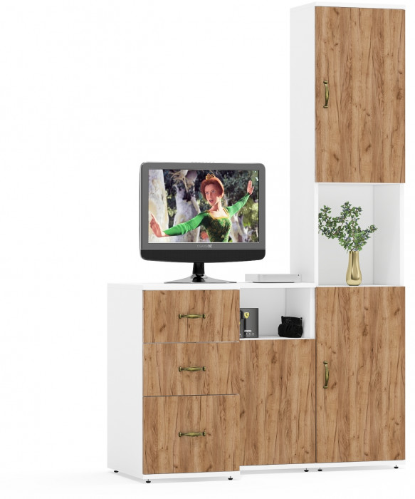 Лидер-8 Пенал + Тумба МД 3.16 + Тумба МД 3.19, белый шагрень/крафт золото