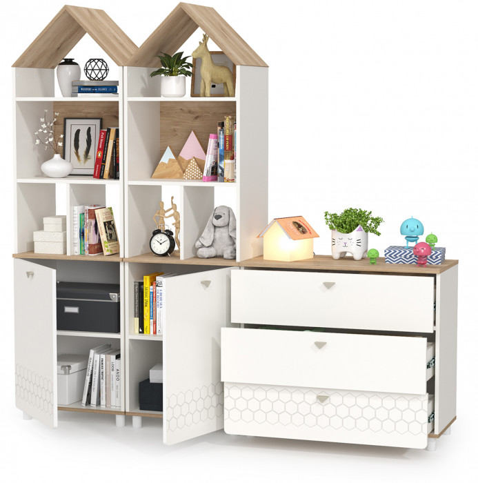 Эйп 13.14 Стеллаж + 13.322 Комод + 13.14 Стеллаж, цвет белый/дуб белый, ШхГхВ 191х41,5х183,8 см., универсальная сборка