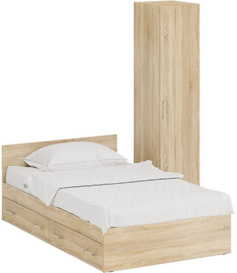 Кровать с ящиками 1200 + Пенал Стандарт, цвет дуб сонома, ШхГхВ 123,5х203,5х70 + 45х52х200 см., сп.м. 1200х2000 мм., без матраса, основание есть