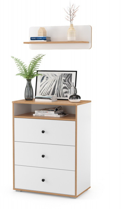 Вуди 13.293 Комод + Полка 15.46, белый премиум/дуб крафт золотой