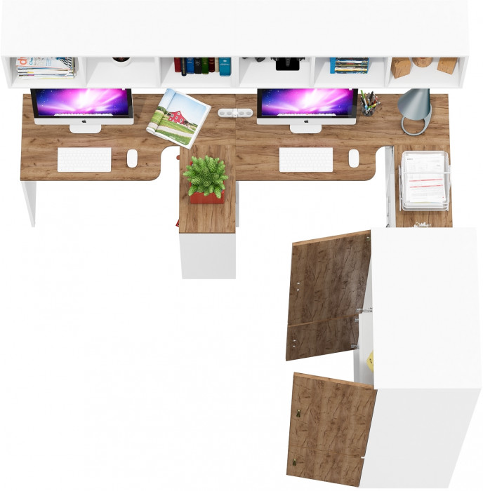 Лидер-8 Стол + Полка + Стол + Полка + Шкаф МД 19Б + Тумба МД 3.19, белый шагрень/крафт золото