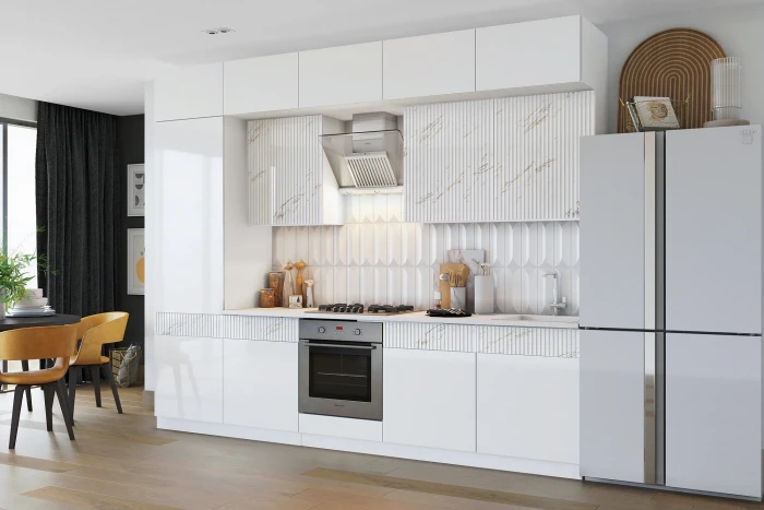 Кухня Оливия NEW 3,0м Белый глянец/Мрамор золото