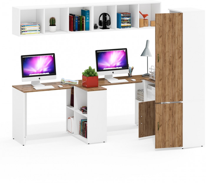 Лидер-8 Стол + Полка + Стол + Полка + Пенал МД 21Б + Тумба МД 3.19, цвет белый шагрень/крафт золото, 410х50/37,5х75/190 или 230х160/50х75/, НЕ ун. сб.