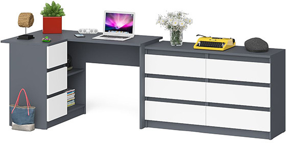 Мори Стол компьютерный МС-16 левый + Комод МК1200.6, цвет графит/белый, ШхГхВ 244,8х84,9х76,6 см., выдвижные ящики слева, НЕ универсальная сборка