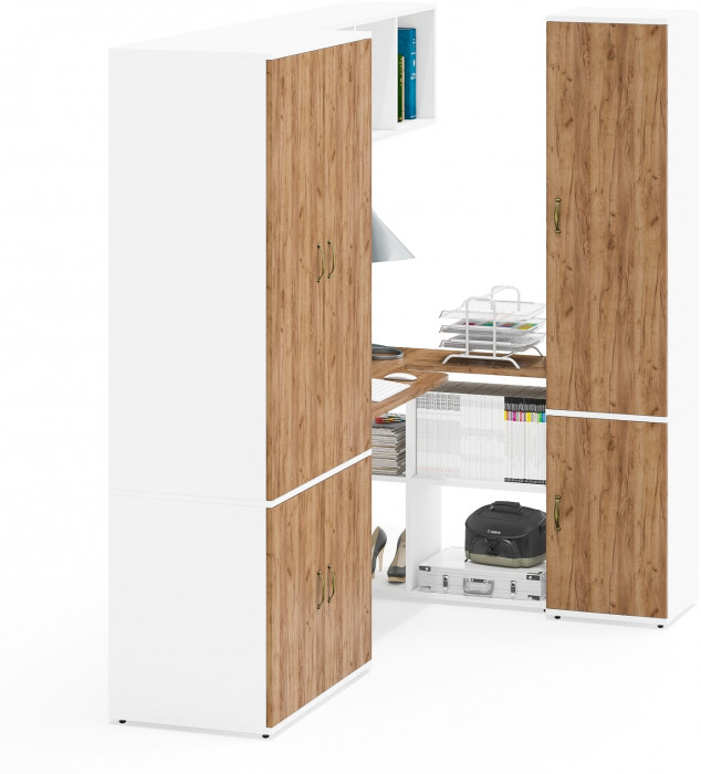 Лидер-8 Шкаф МД 19Б + Стол + Полка + Пенал 21Б, белый шагрень/крафт золото