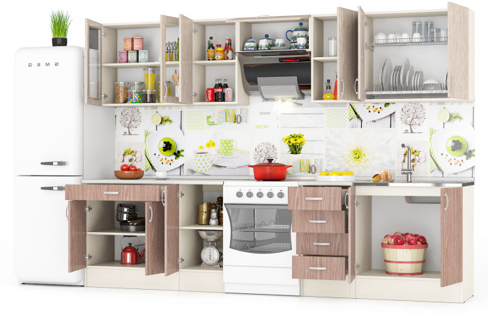 Кухня Мери 08 ШВ800+ШВ400+ШВв600+ШВ400+ШВС800+ШНМ800+ШН4Я400+ШН400+ШН1Я800, цвет дуб/ясень шимо светлый/тёмный, ШхГхВ 300х30х67 см./240х60х85 см.