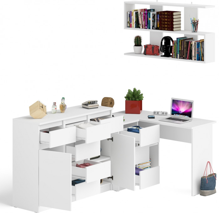 Мори компьютерный стол МС-16 левый + Комод МК1200.4 + Полка 1200, белый