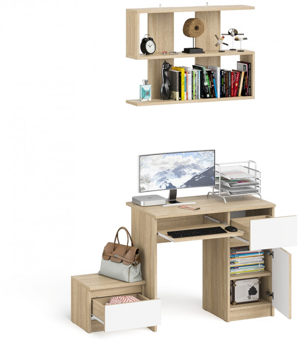 Мори Стол компьютерный МС-1 правый + Тумба ТМП400.1 + Полка 900, цвет дуб сонома/белый, ШхГхВ 130,4х50х209,6 см., НЕ универсальная сборка