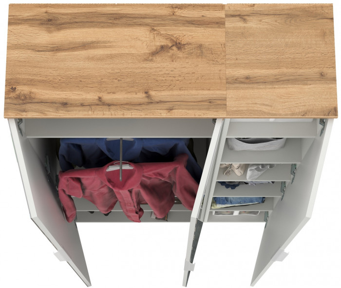 Октава 13.338 Шкаф для одежды + 13.228 Пенал, белый шагрень/дуб крафт золотой/фасады МДФ белый шагрень/зеркало