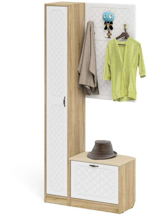 Прихожая П-6 Компоновка № 21, дуб сонома/фасады МДФ белое дерево фрезеровка ромб