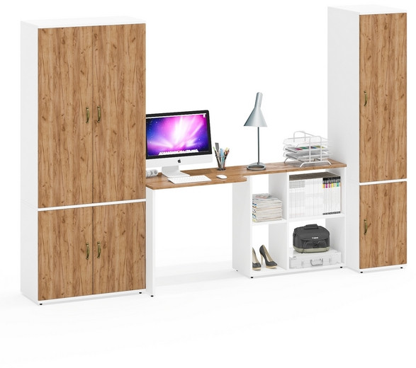 Лидер-8 Шкаф МД 20Б + Стол + Пенал 23Б, цвет белый шагрень/крафт золото, ШхГхВ 285х50/37,5х75/190 или 195х120х75/190 см., НЕ ун.сб.