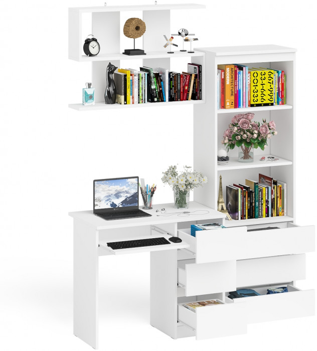 Мори Стол компьютерный МС-6 правый + Стеллаж МСТ600.3 + Полка 900, цвет белый, ШхГхВ 150,4х50х209,6 см., НЕ универсальная сборка