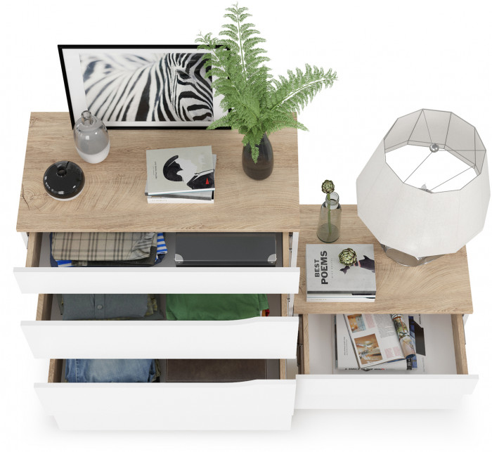 Муссон 13.97 Комод + 16.03 Тумба, цвет белый/дуб эндгрейн элегантный, ШхГхВ 133х39,4х92,6 см., четыре выдвижных ящика, ручки-вырезы, НЕ универс. сб.