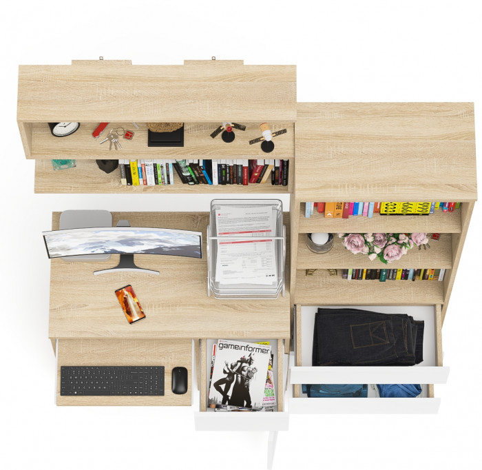 Мори компьютерный стол МС-1 правый + Стеллаж МСТ600.3 + Полка 900, дуб сонома/белый