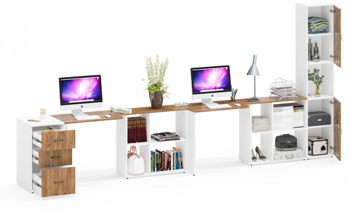 Лидер-8 Стол + Стол + Пенал + Тумба МД 3.16, цвет белый шагрень/крафт золото, ШхГхВ 410х50/30х75/190 см. или 230х50/160х75/190 см., НЕ универс. сборка