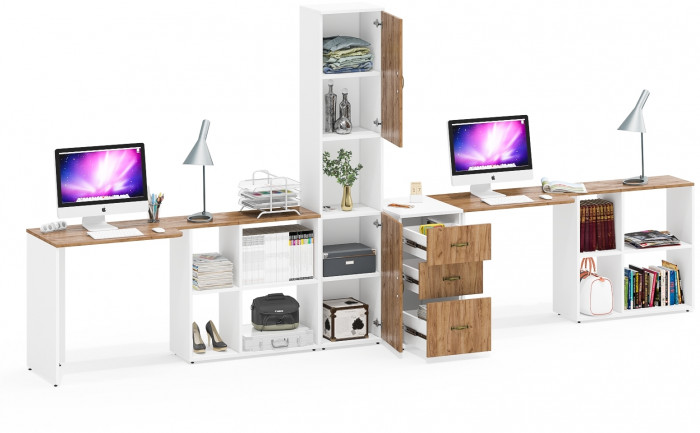 Лидер-8 Стол + Стол + Пенал + Тумба МД 3.16, цвет белый шагрень/крафт золото, ШхГхВ 410х50/30х75/190 см. или 230х50/160х75/190 см., НЕ универс. сборка