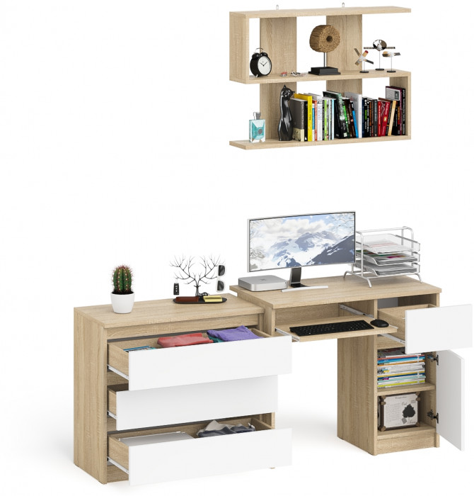 Мори Стол компьютерный МС-1 правый + Комод МК800.1 + Полка 900, цвет дуб сонома/белый, ШхГхВ 170,4х50х209,6 см., НЕ универсальная сборка