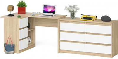 Мори Стол компьютерный МС-16 левый + Комод МК1200.6, цвет дуб сонома/белый, ШхГхВ 244,8х84,9х76,6 см., выдвижные ящики слев, НЕ универсальная сборкаа