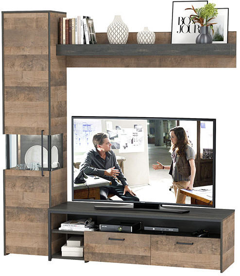 Трувор 13.70 Тумба под ТВ + 13.205 Шкаф-пенал с витриной + 15.60 Полка, цвет дуб гранж песочный/интра, ШхГхВ 194,6х45,4х210 см., универсальная сборка