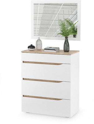 Муссон 13.97 Комод + Зеркало СВК, цвет белый/дуб эндгрейн элегантный, ШхГхВ 77х39,4х92,6 + 80х2х60 см., четыре выдвижных ящика, ручки-вырезы