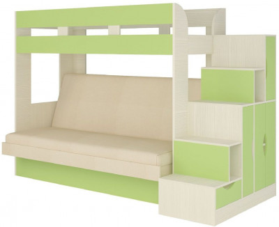 Карамель 75-01 Кровать-чердак Зеленый / Бодега светлый / Велюр Кремовый