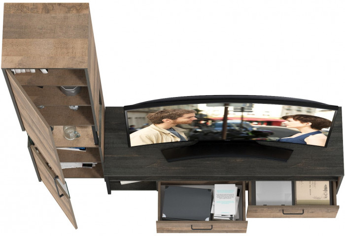 Трувор 13.70 Тумба под ТВ + 13.205 Шкаф-пенал с витриной, цвет дуб гранж песочный/интра, ШхГхВ 194,6х45,4х210 см., универсальная сборка