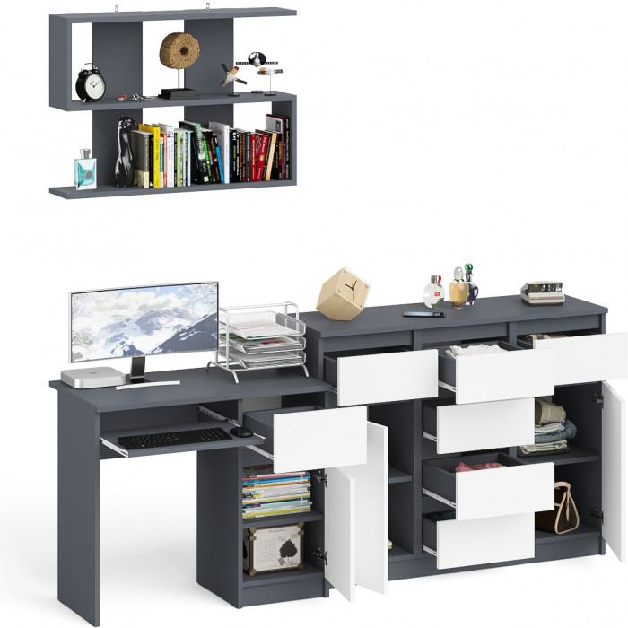 Мори компьютерный стол МС-1 правый + Комод МК1200.4 + Полка 900, графит/белый