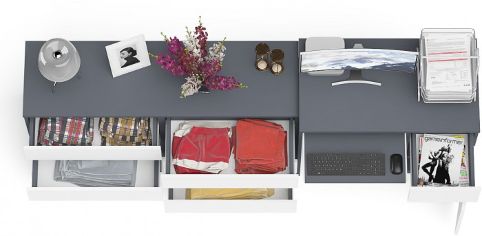 Мори Стол компьютерный МС-1 правый + Комод МК1380.6, цвет графит/белый, ШхГхВ 228х50х76,6 см., выдвижной ящик справа, НЕ универсальная сборка