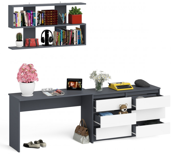 Мори Стол письменный МСП1200.1 + Комод МК1200.6 + Полка 1200, цвет графит/белый, ШхГхВ 240,8х50х209,6 см., универсальная сборка