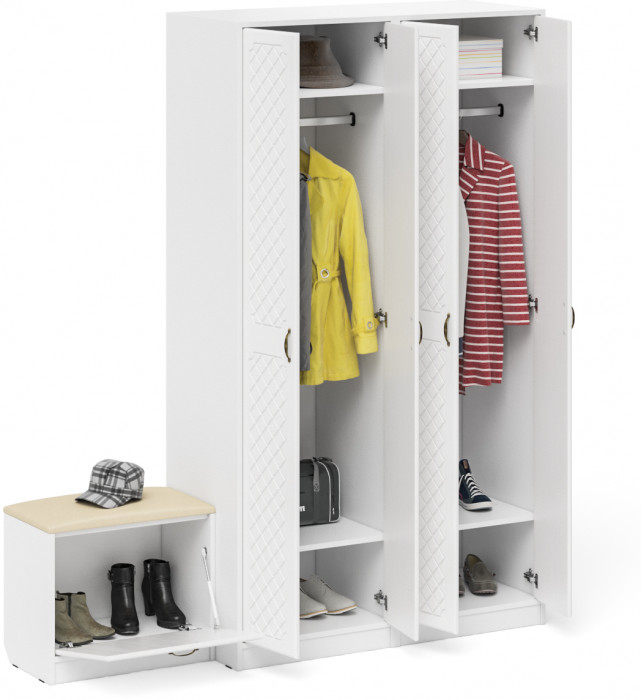 Прихожая П-6 Компоновка № 07, цвет белая шагрень/фасады МДФ белое дерево фрезеровка ромб, ШхГхВ 180х50х210 см., универсальная сборка