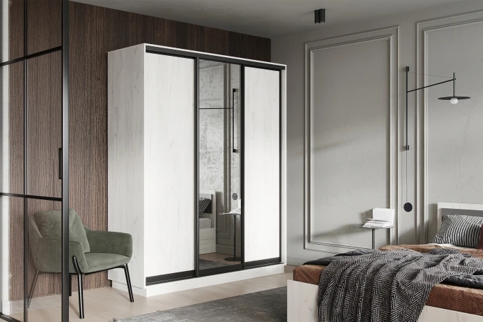 Тринити NEW Шкаф-купе 1800, Дуб крафт белый (вставка фасад х2 + зеркало)