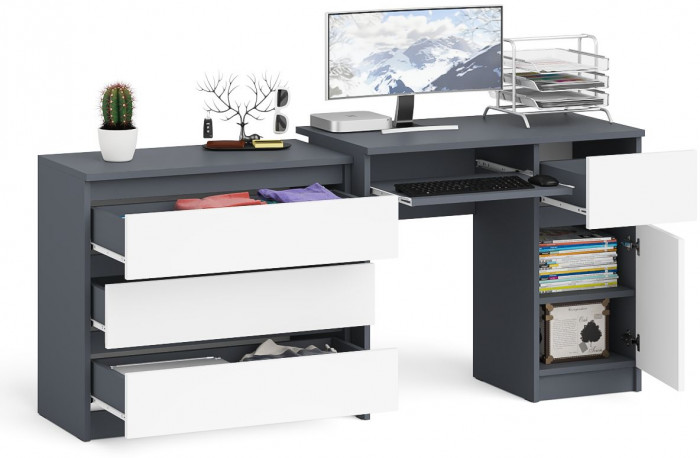 Мори Стол компьютерный МС-1 правый + Комод МК800.1, цвет графит/белый, ШхГхВ 170,4х50х76,6 см., выдвижной ящик справа, НЕ универсальная сборка