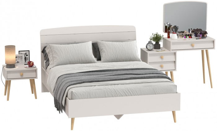 Афина Спальня Кровать 1400 + Трюмо + Тумба, цвет кашемир серый, ШхГхВ 144,6х210,2х95,7 + 105х38,6х129 + 45х37х45 см., 1400х2000 мм., б/м, осн. есть