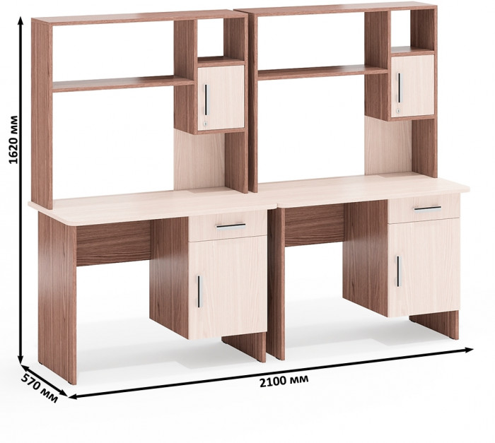 Два стола письменных с надстройкой С-МД-1-09Н, цвет ясень шимо светлый/ясень шимо тёмный, ШхГхВ 210х57х162 см., НЕ универсальная сборка