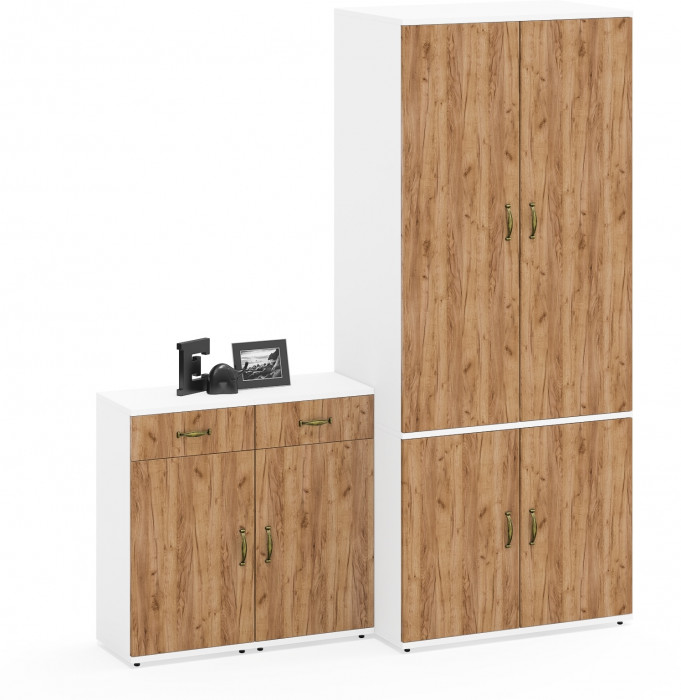 Лидер-8 Шкаф МД 19Б + Тумба МД 3.15 + Тумба МД 3.15, белый шагрень/крафт золото