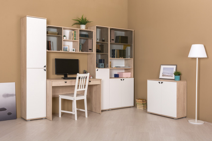 КР100 Бостон 13.154 Шкаф, цвет дуб эндгрейн элегантный/фасады МДФ милк рикамо софт, ШхГхВ 38,6х35,1х194,4 см., универсальная сборка