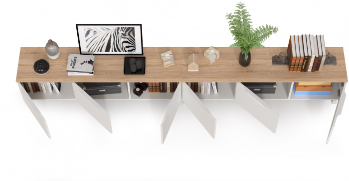 КР100 Тумба под ТВ 13.267.01 + 13.267.01, цвет белый шагрень/дуб сонома, ШхГхВ 276,8х34,9х43,8 см., универсальная сборка