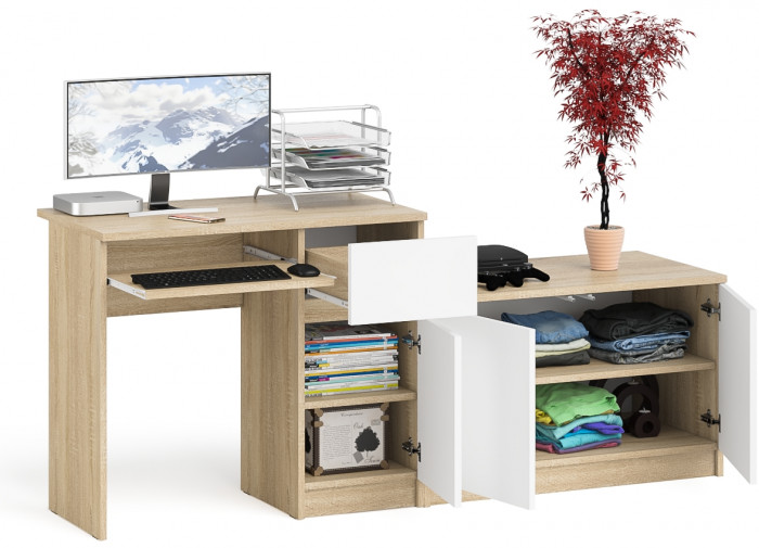 Мори компьютерный стол МС-1 правый + Тумба МА900.1, дуб сонома/белый
