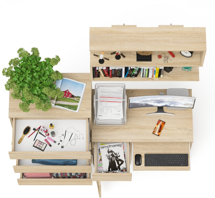Мори Стол компьютерный МС-1 левый + Комод МК700.5 + Полка 900, цвет дуб сонома, ШхГхВ 160,4х50х209,6 см., НЕ универсальная сборка